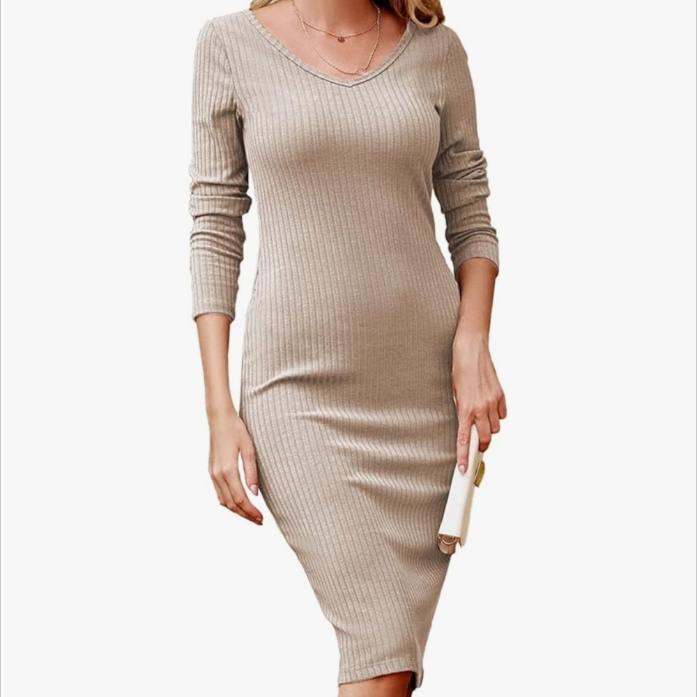Ribbed Knit Maternity Midi Dress in Tan - Size M
